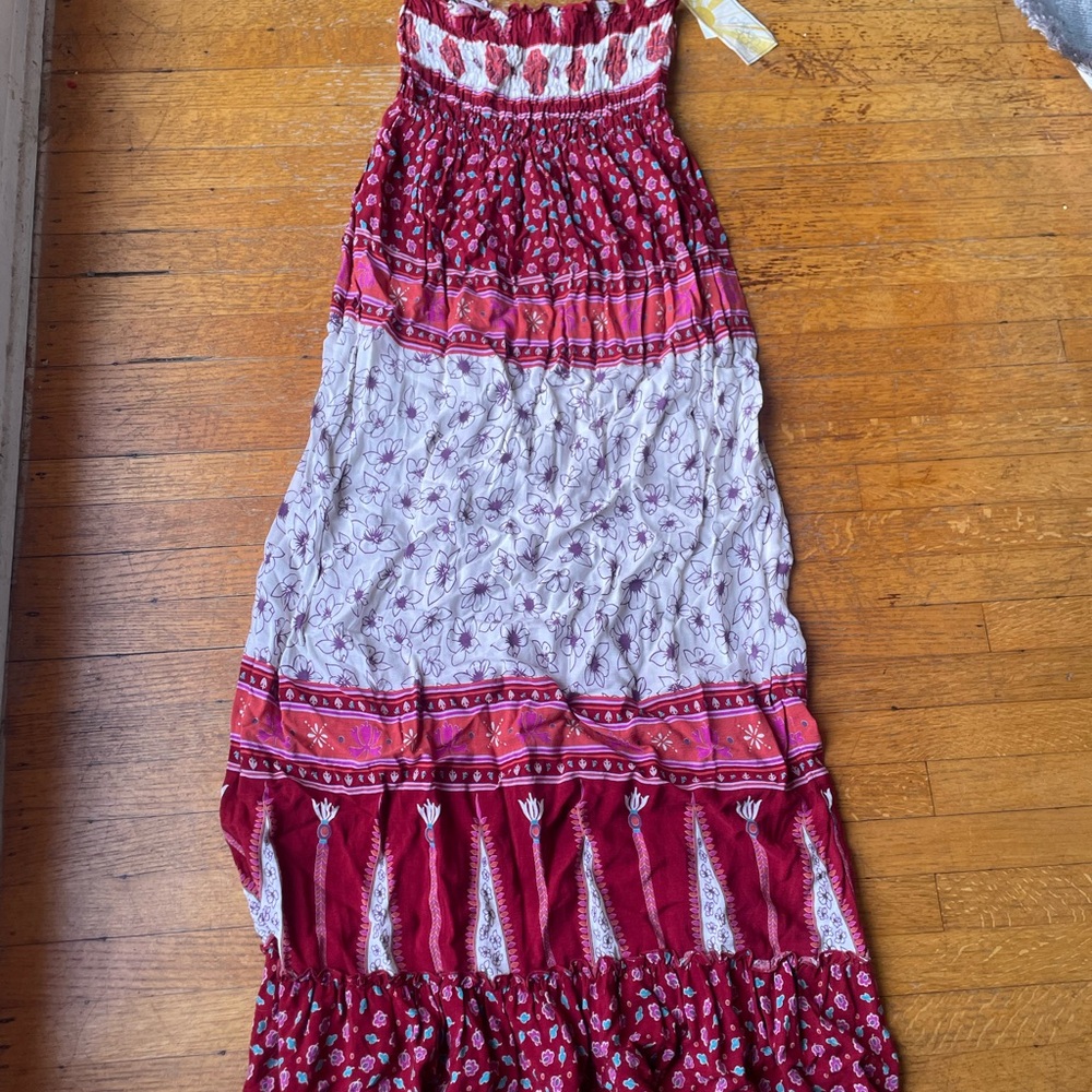 Bohemian Maxi Dress with Red and White Patterns